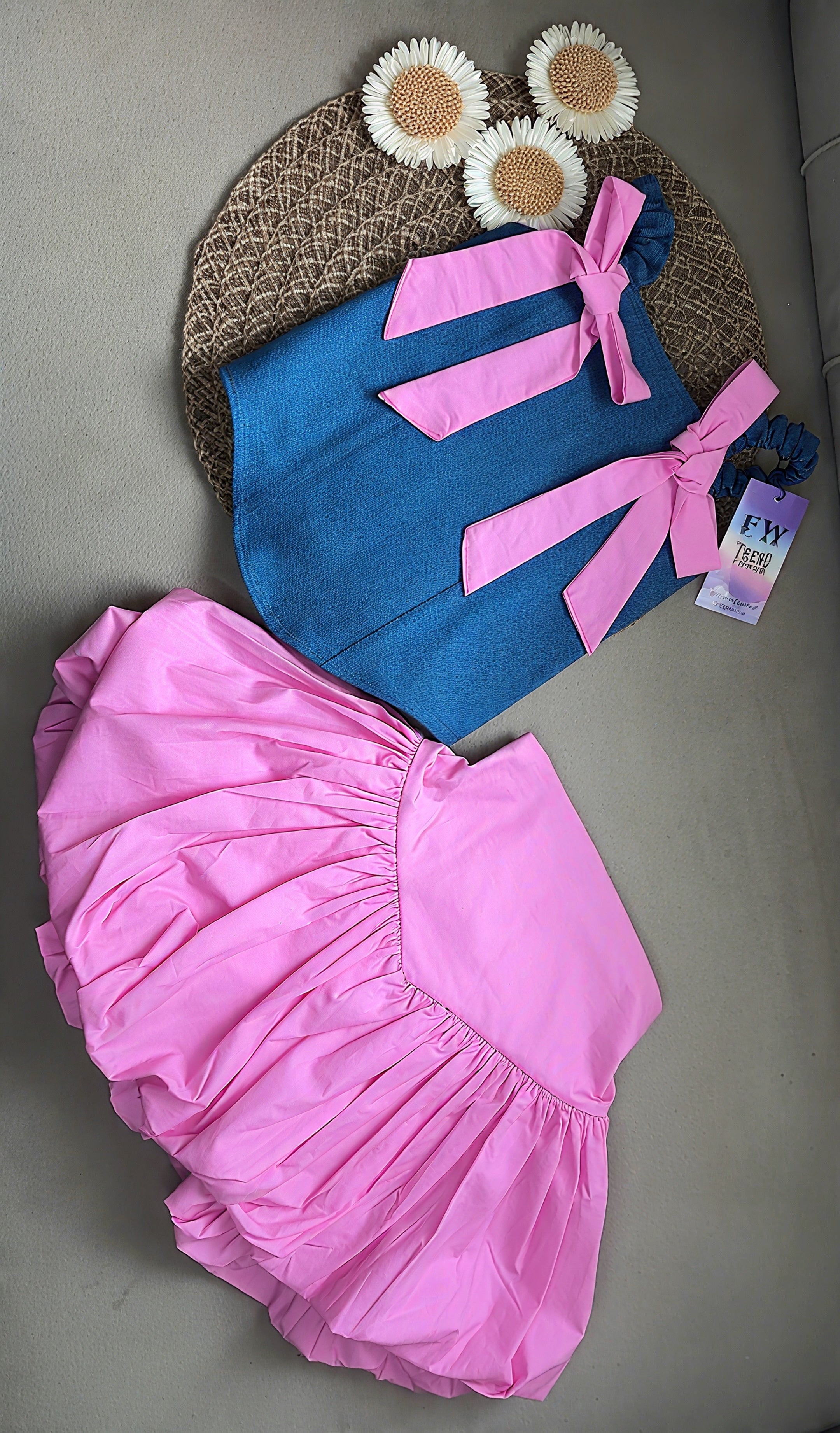 Long style denim top with balloon style skirt
