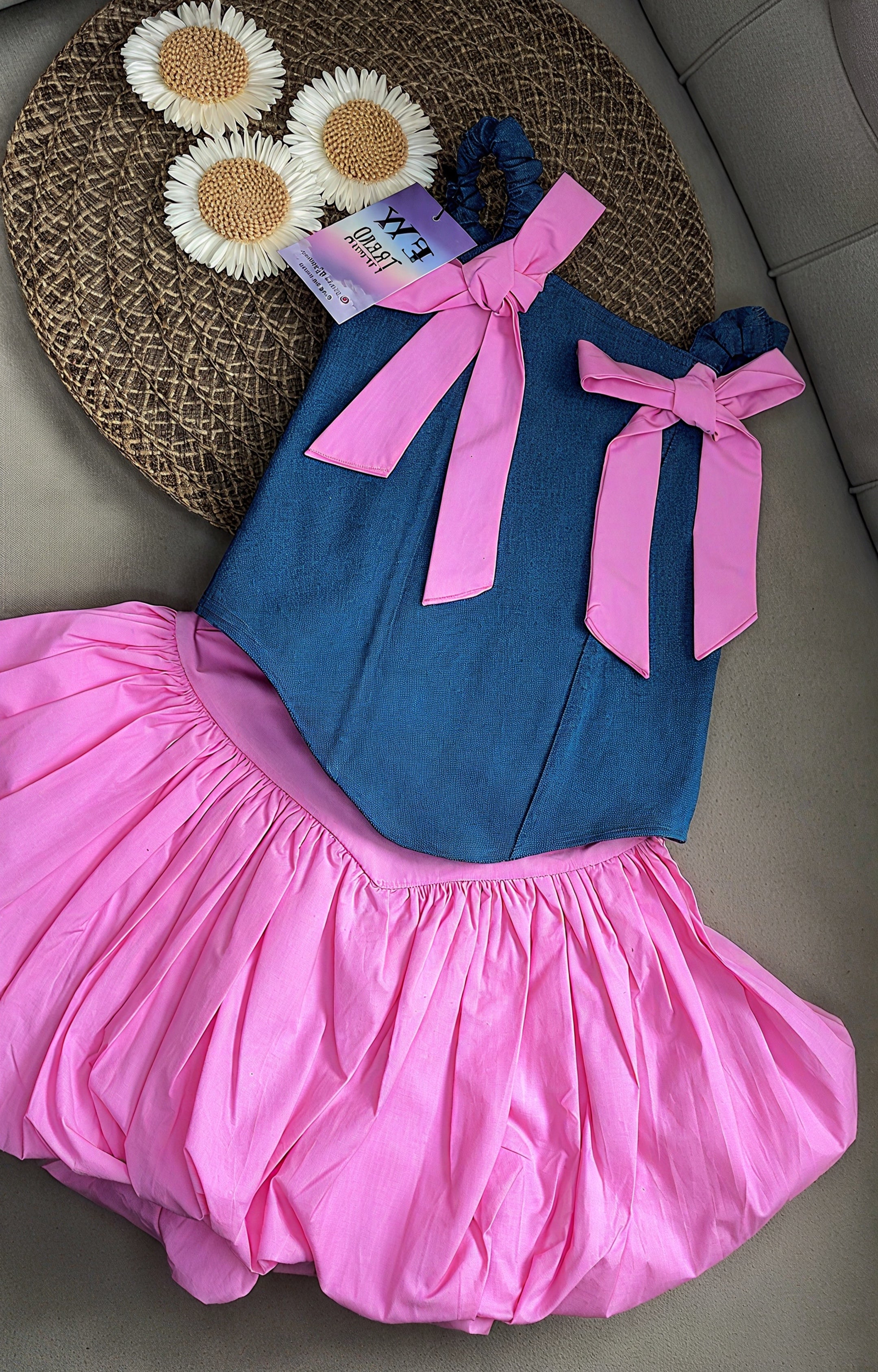 Long style denim top with balloon style skirt