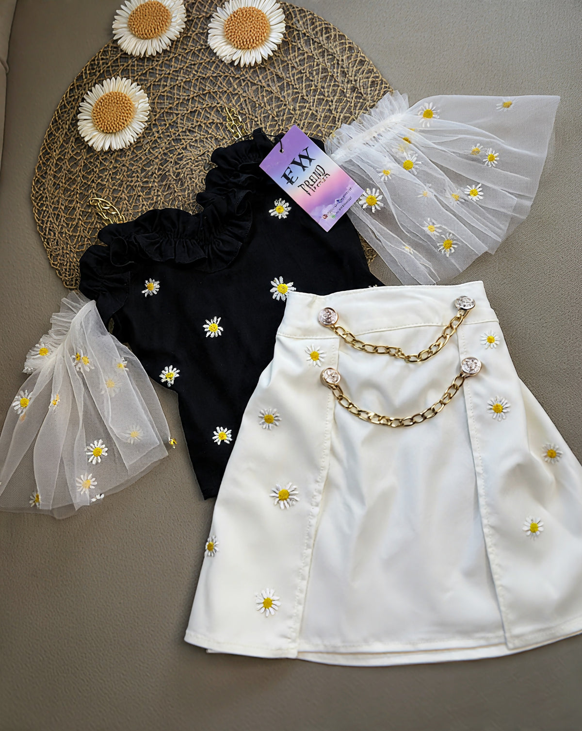 Off shoulder net style top with skirt