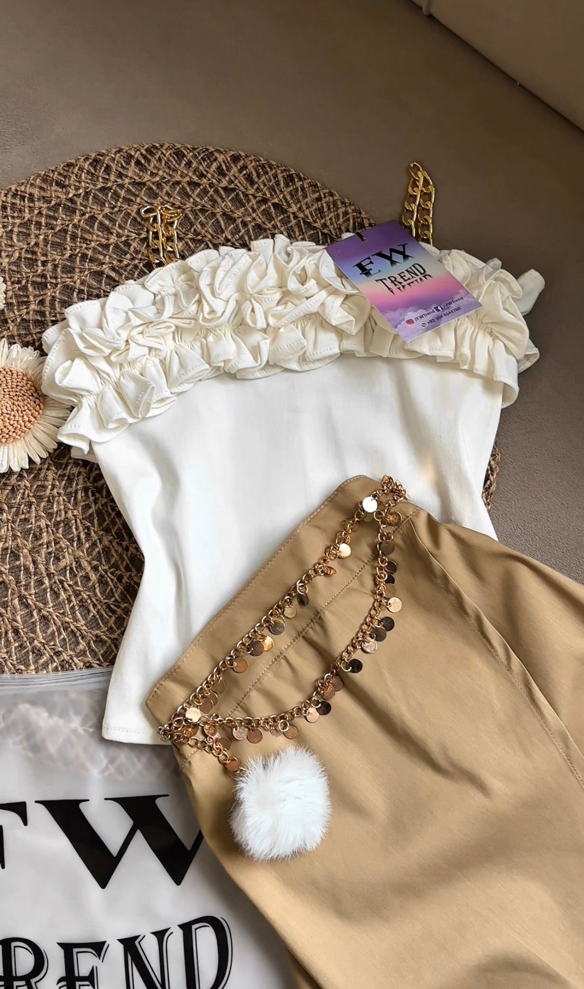 Stylish Ruffle chain strip top with skirt set