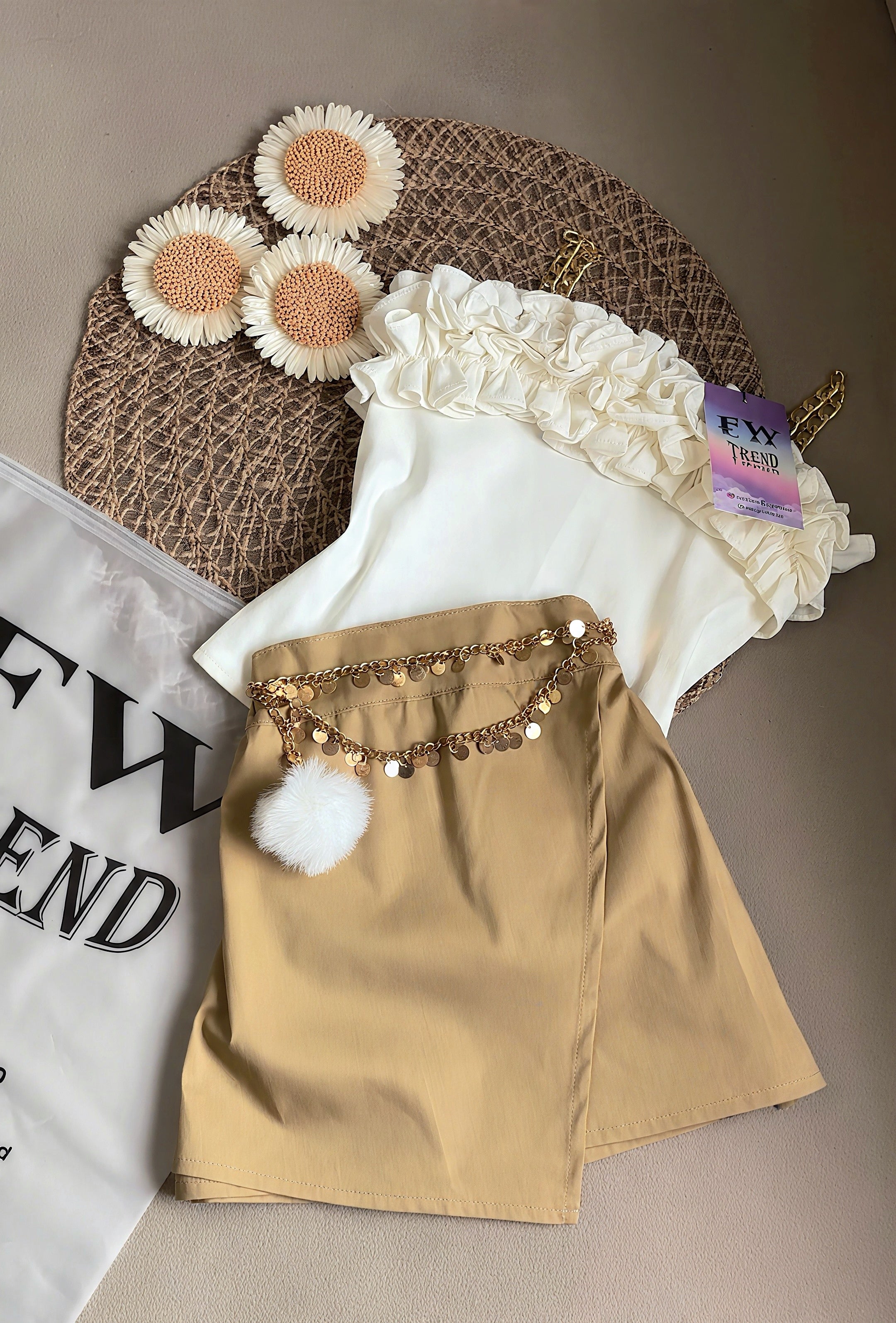 Stylish Ruffle chain strip top with skirt set