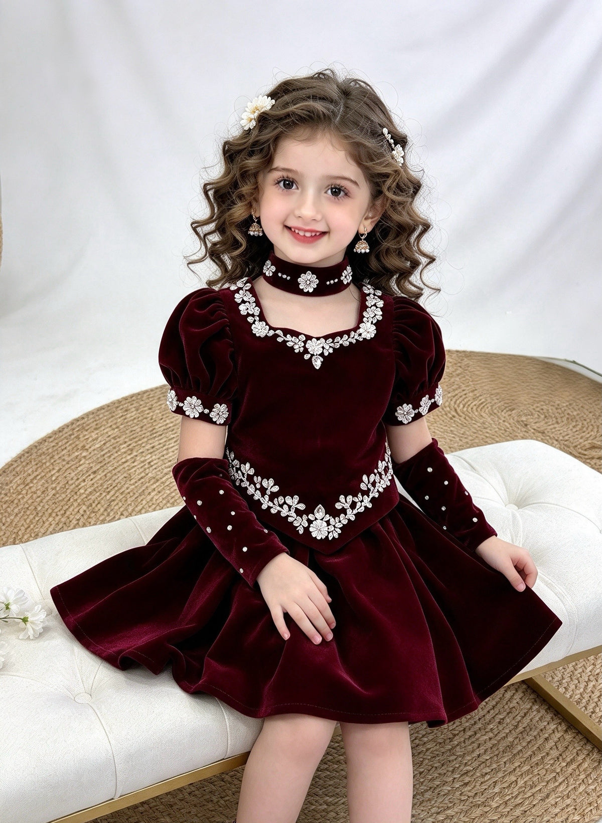 Formal premium velvet 4 piece set including top , skirt and neckband with gloves