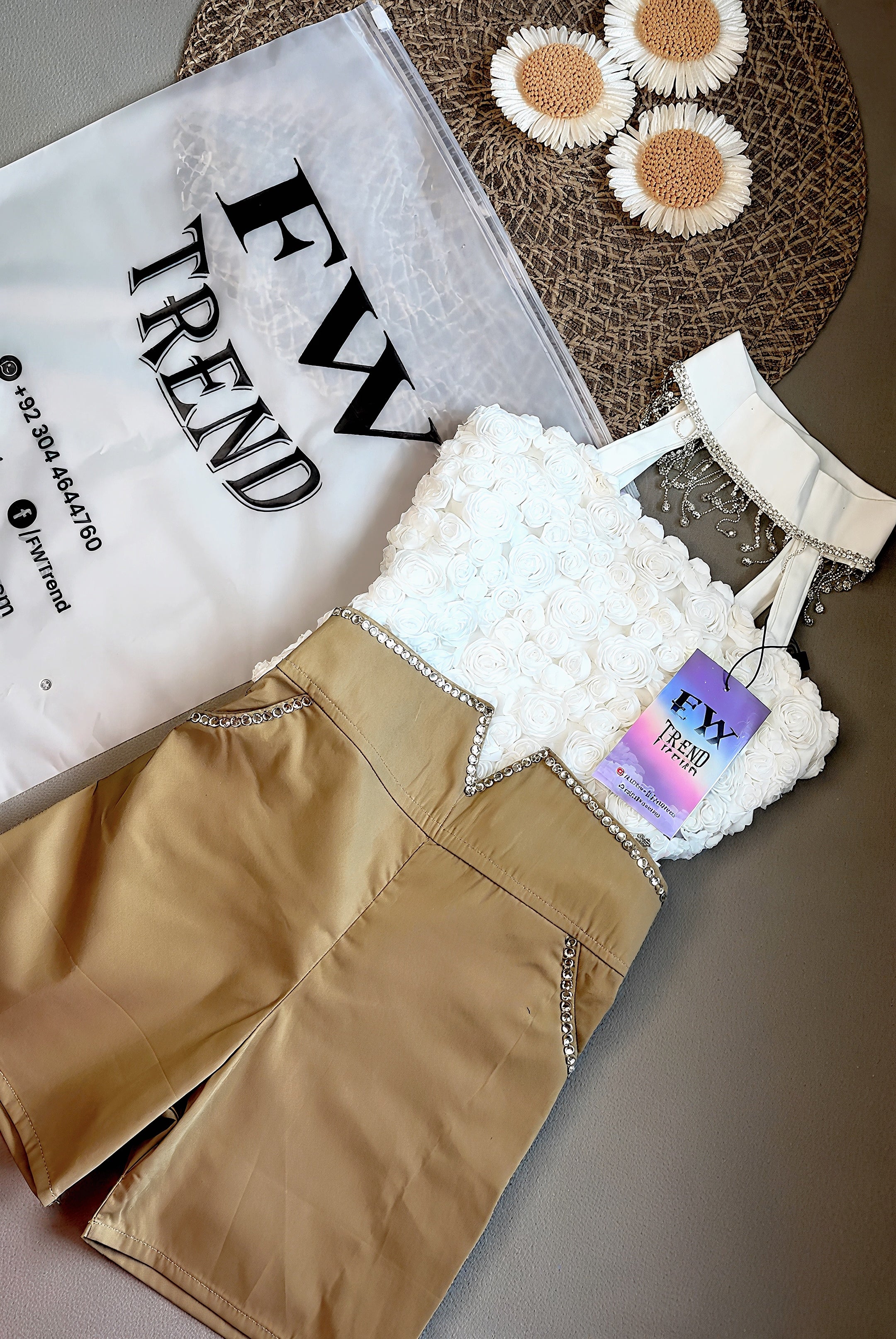 Stylish stone lace neck style croptop with short