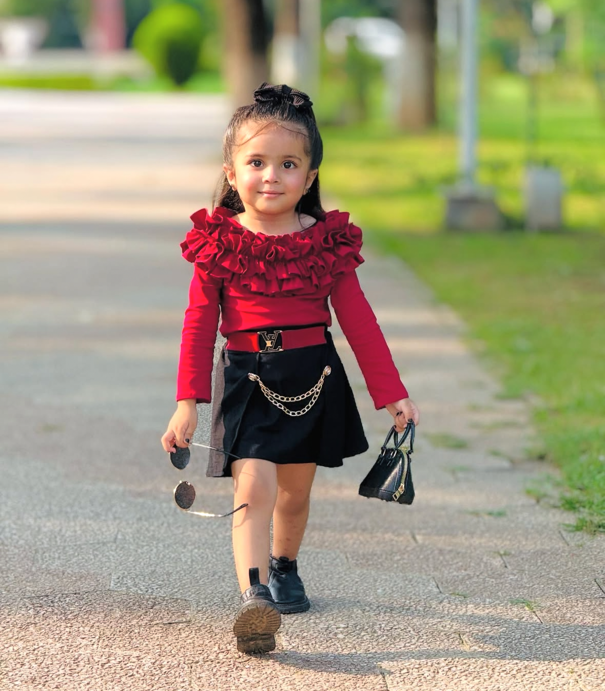 Amaya mehroon ruffle top with black skirt