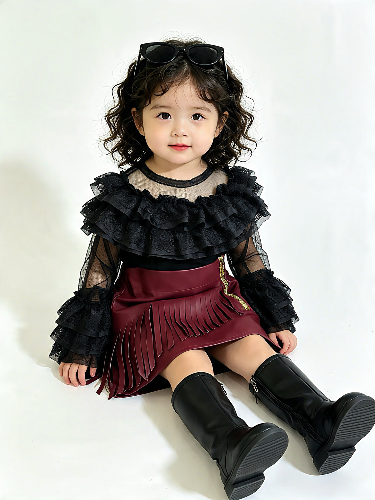 Ruffle shoulder see through style top with leather skirt