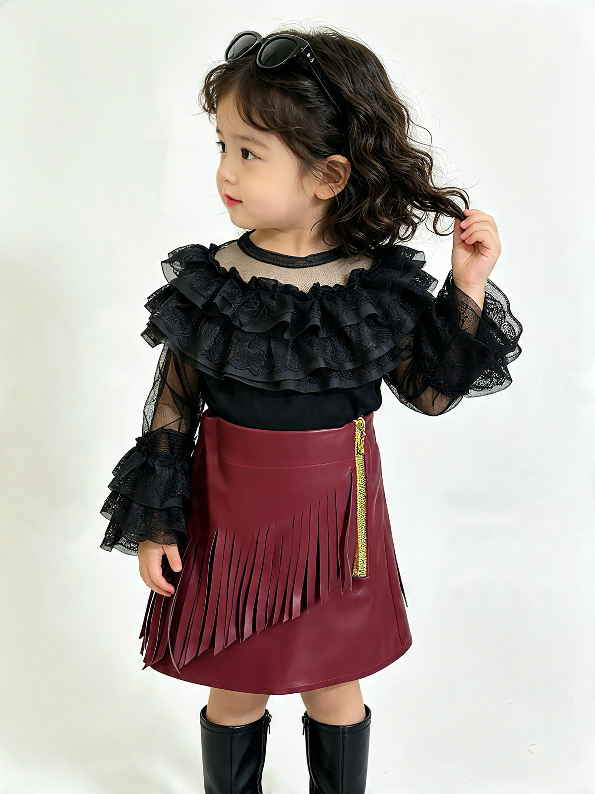 Ruffle shoulder see through style top with leather skirt