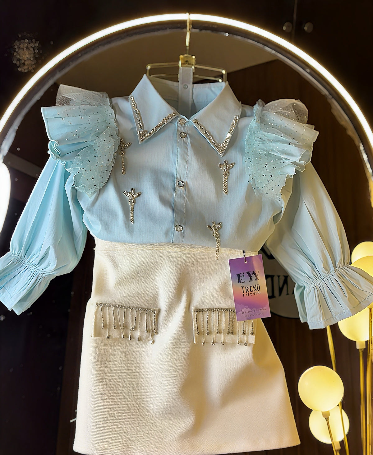 Formal collar top ruffle shoulder style with skirt