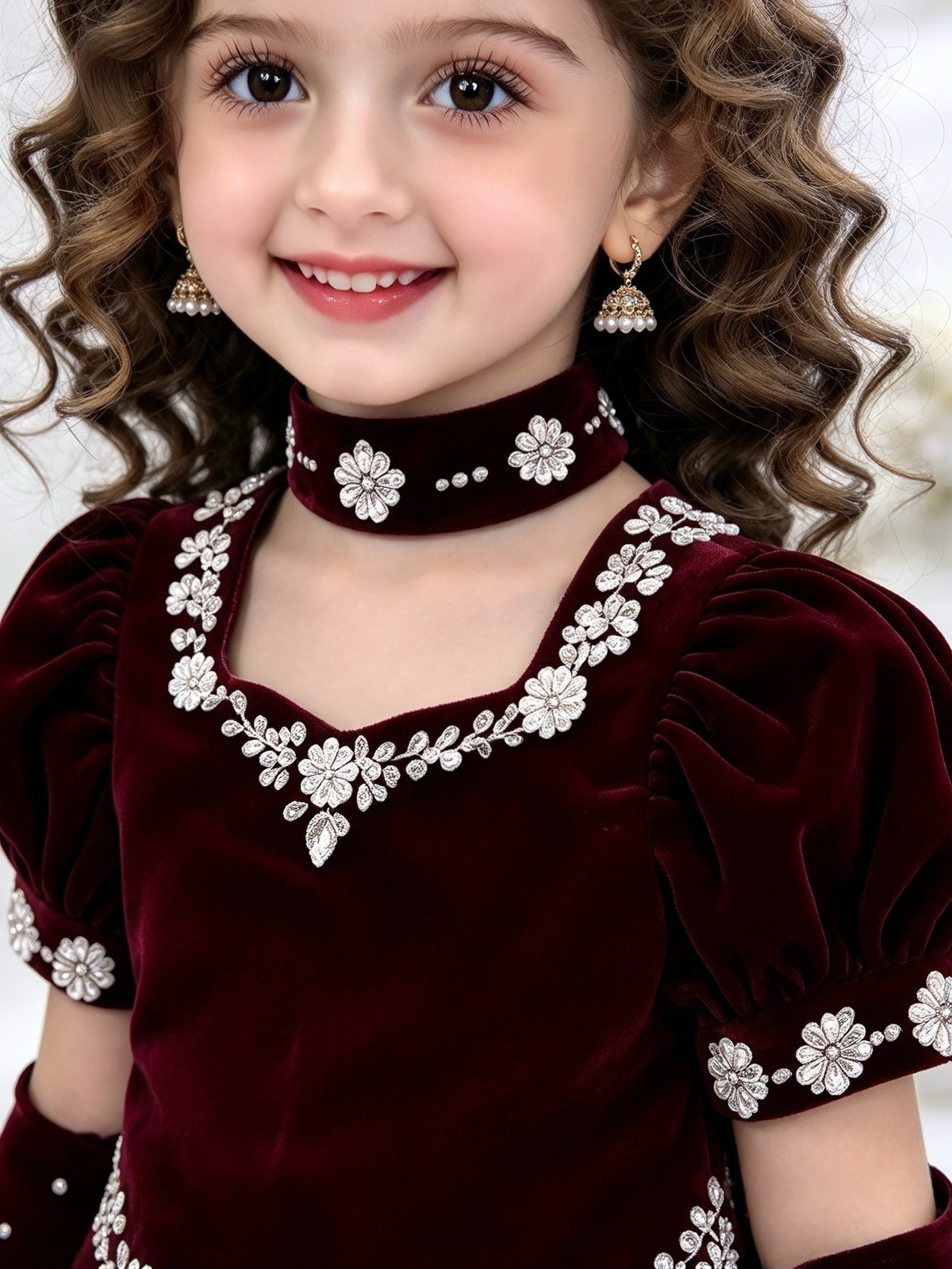 Formal premium velvet 4 piece set including top , skirt and neckband with gloves