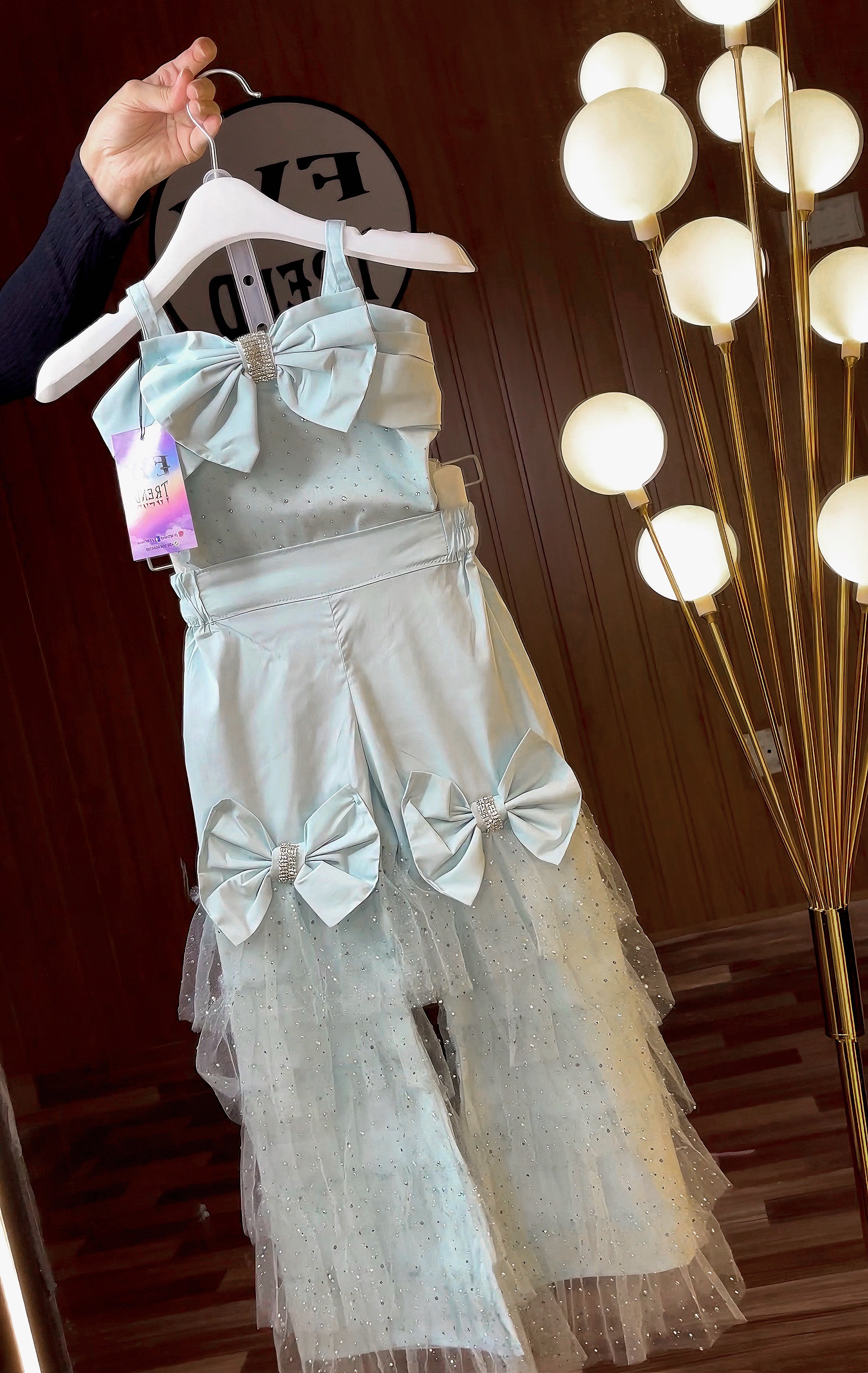 Formal fancy bow strip top with ruffle pant