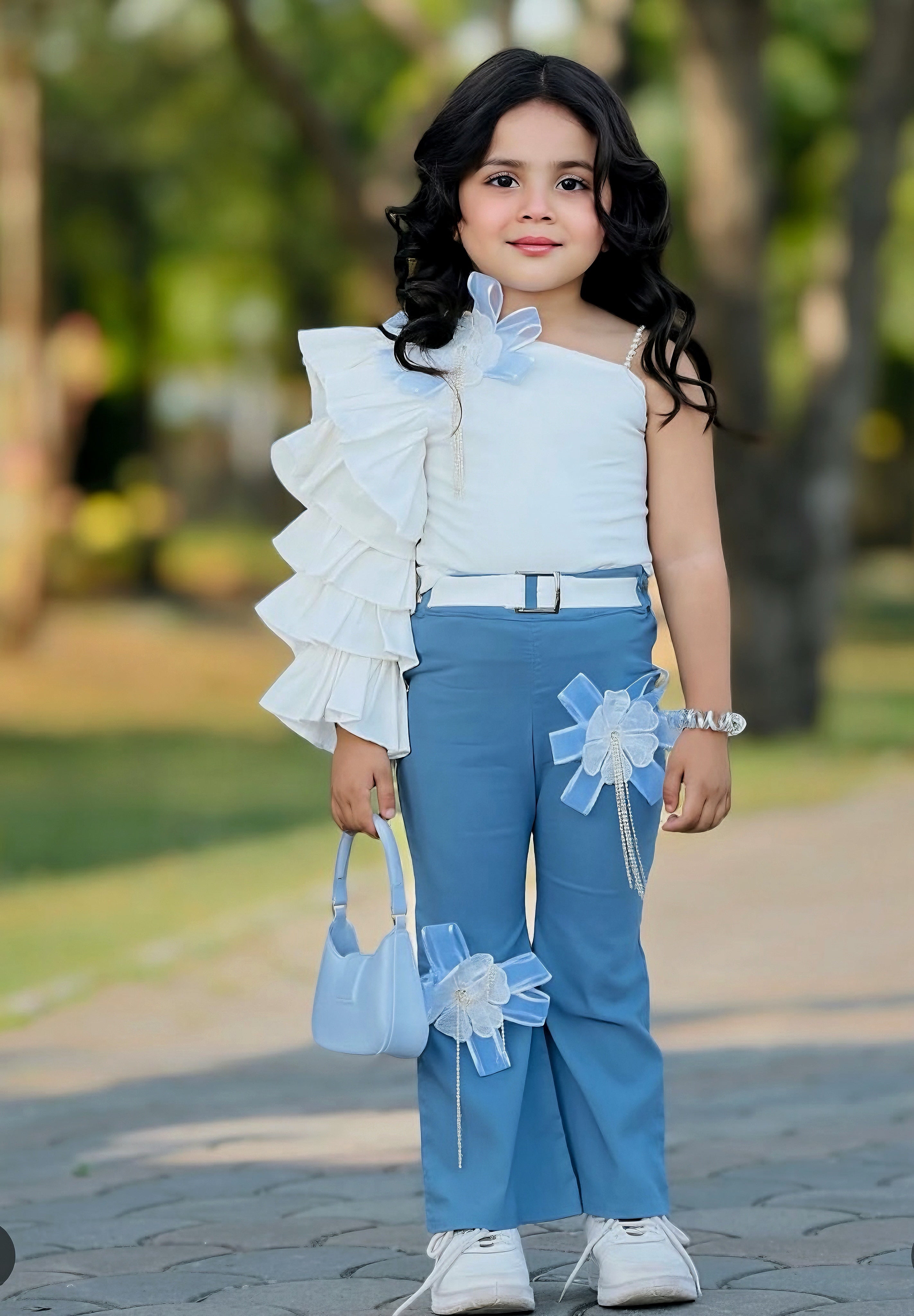 Ruffle single sleeve style top with pant (non-denim)