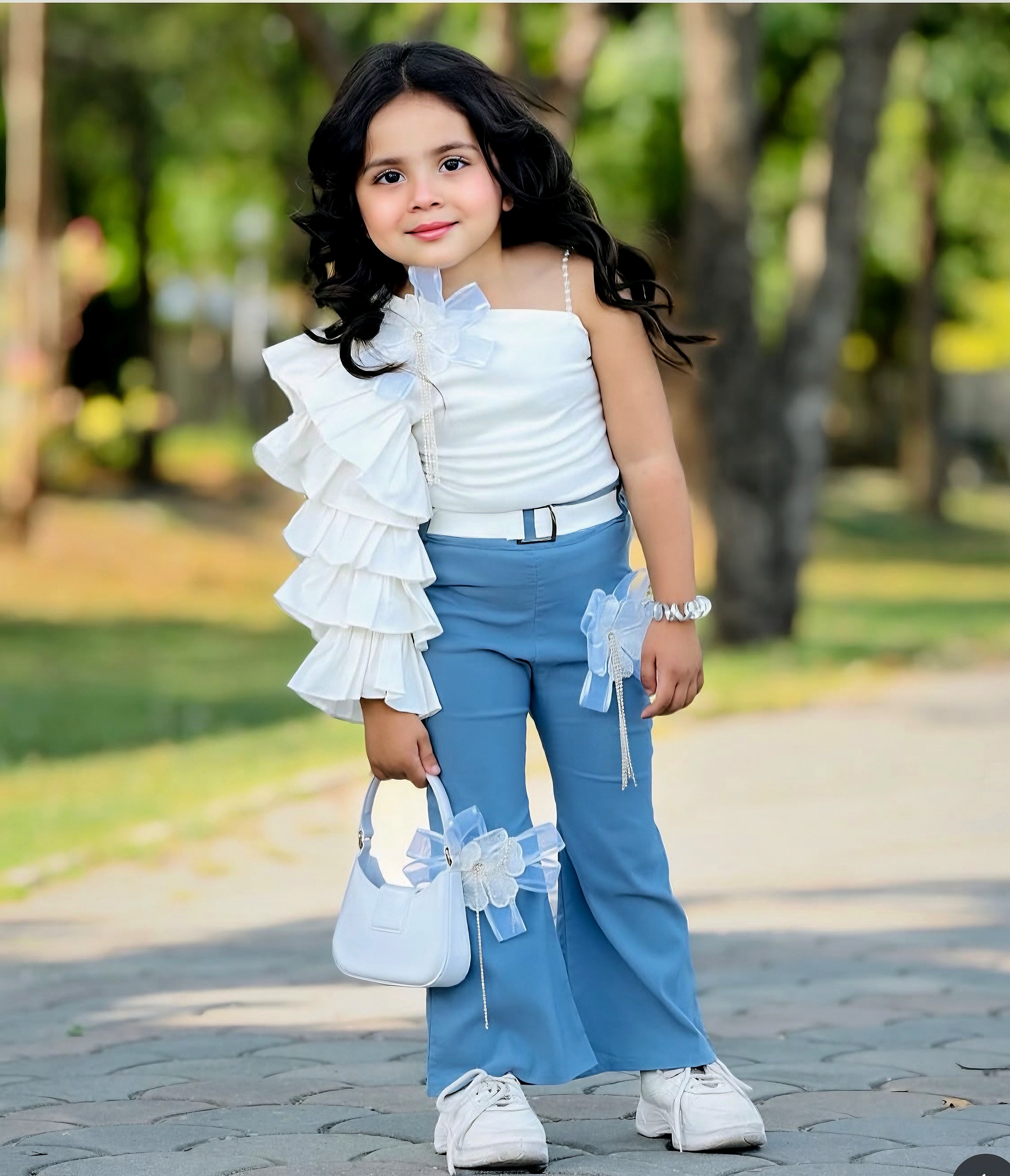 Ruffle single sleeve style top with pant (non-denim)