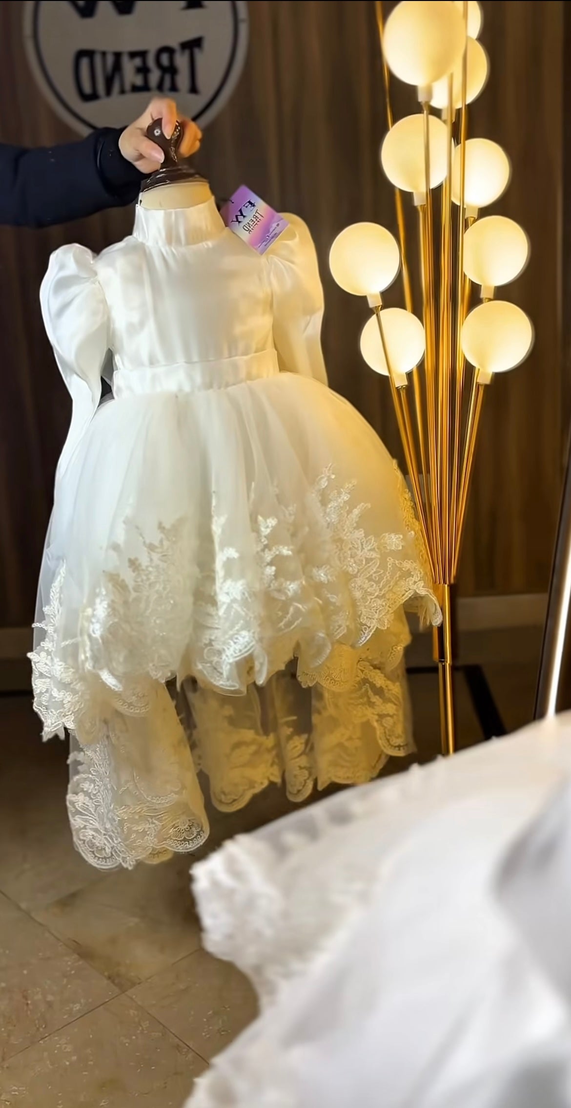 Stylish puffy sleeves frock with a tail fully patch borders