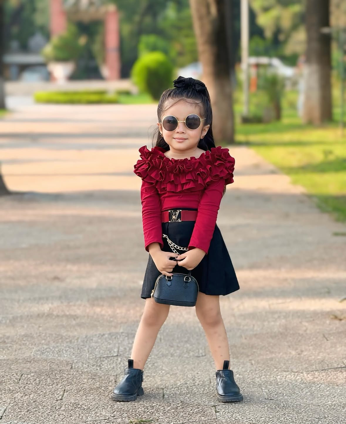 Amaya mehroon ruffle top with black skirt
